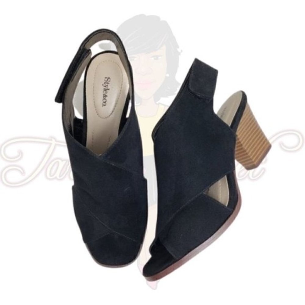 Style & Co Danyell Black Open Toe Velcro Heels 6.5